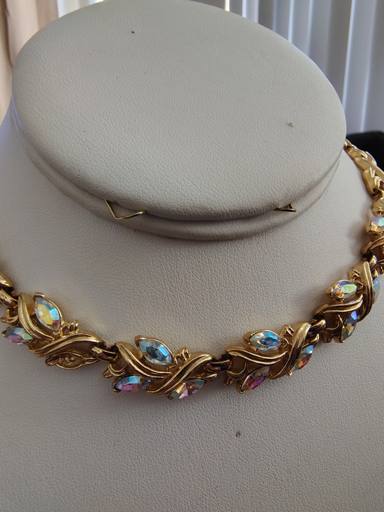 Trifari Jewelry - Trifari Gold Tone Choker Necklace with Iridescent Aurora Crystals